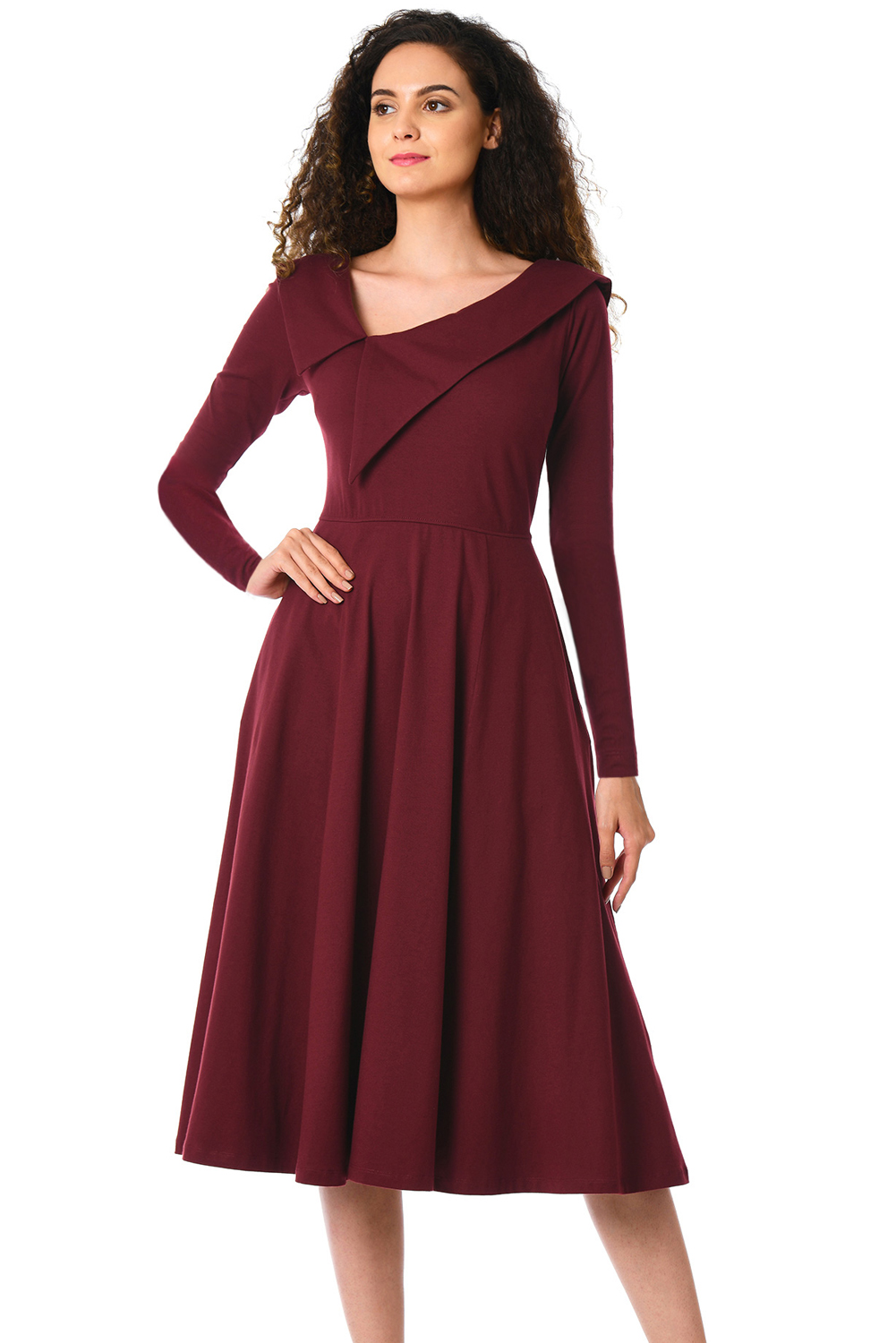 BY610388-3 Burgundy Retro Inspired Asymmetric Collar Flared Dress